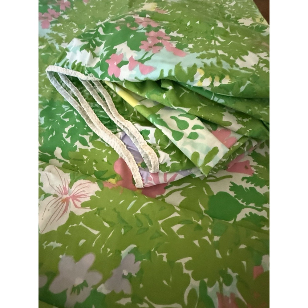 Burlington House Vtg Green Pink Floral Full Sz Flat Fitted 2 Pillow Cases 81x104